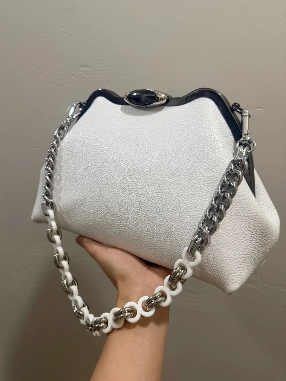 White Pebble Cowhide Handmade Custom Metal Frame Shoulder Bag, With 2 Straps